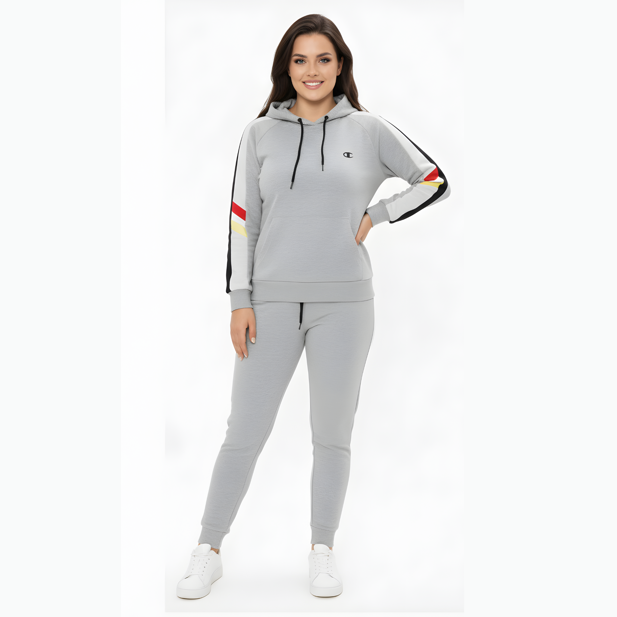 Women's Grey Striped Detail Sweat Suit - Hoodie & Joggers Set