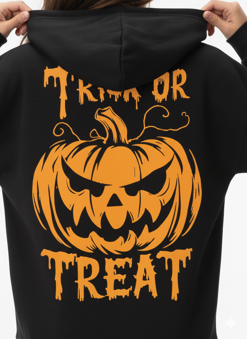 "Trick or Treat" Scary Jack-o'-Lantern Back Print Halloween Hoodie - Classic Black hoodie