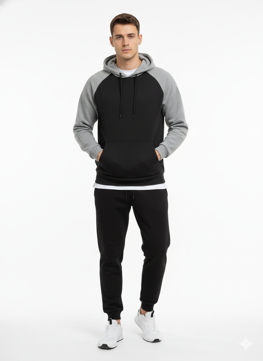 Men's Bold Black & Grey Raglan Hoodie & Jogger Tracksuit Set
