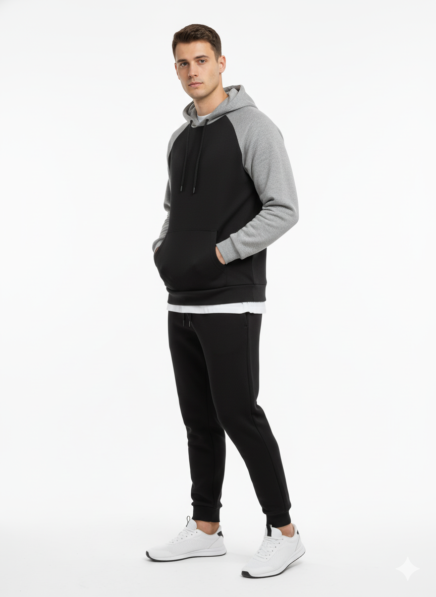 Men's Bold Black & Grey Raglan Hoodie & Jogger Tracksuit Set