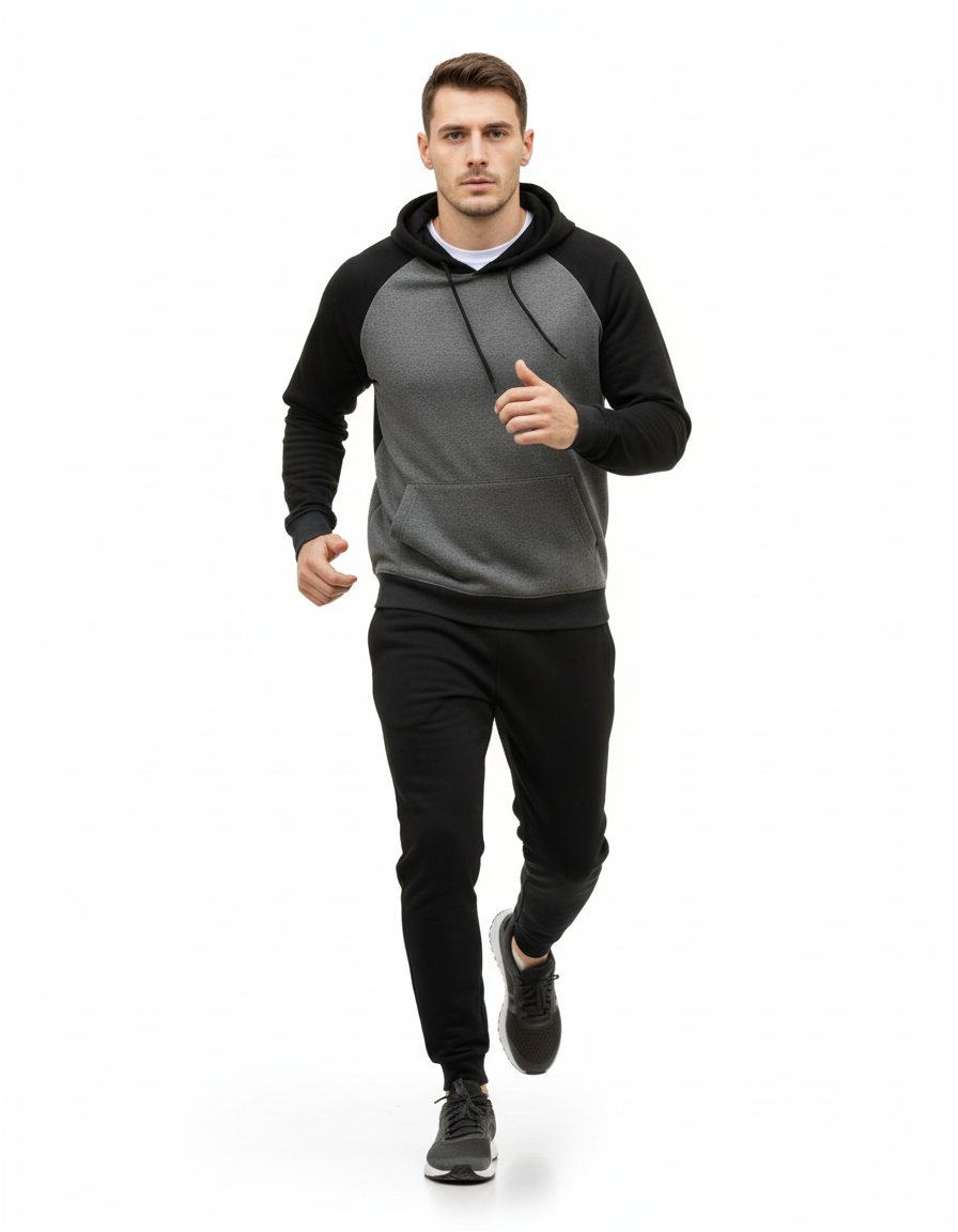 Men's Two-Tone Raglan Hoodie & Jogger Tracksuit - Black & Grey