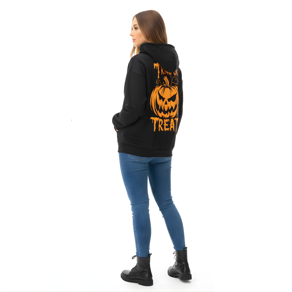 "Trick or Treat" Scary Jack-o'-Lantern Back Print Halloween Hoodie - Classic Black hoodie