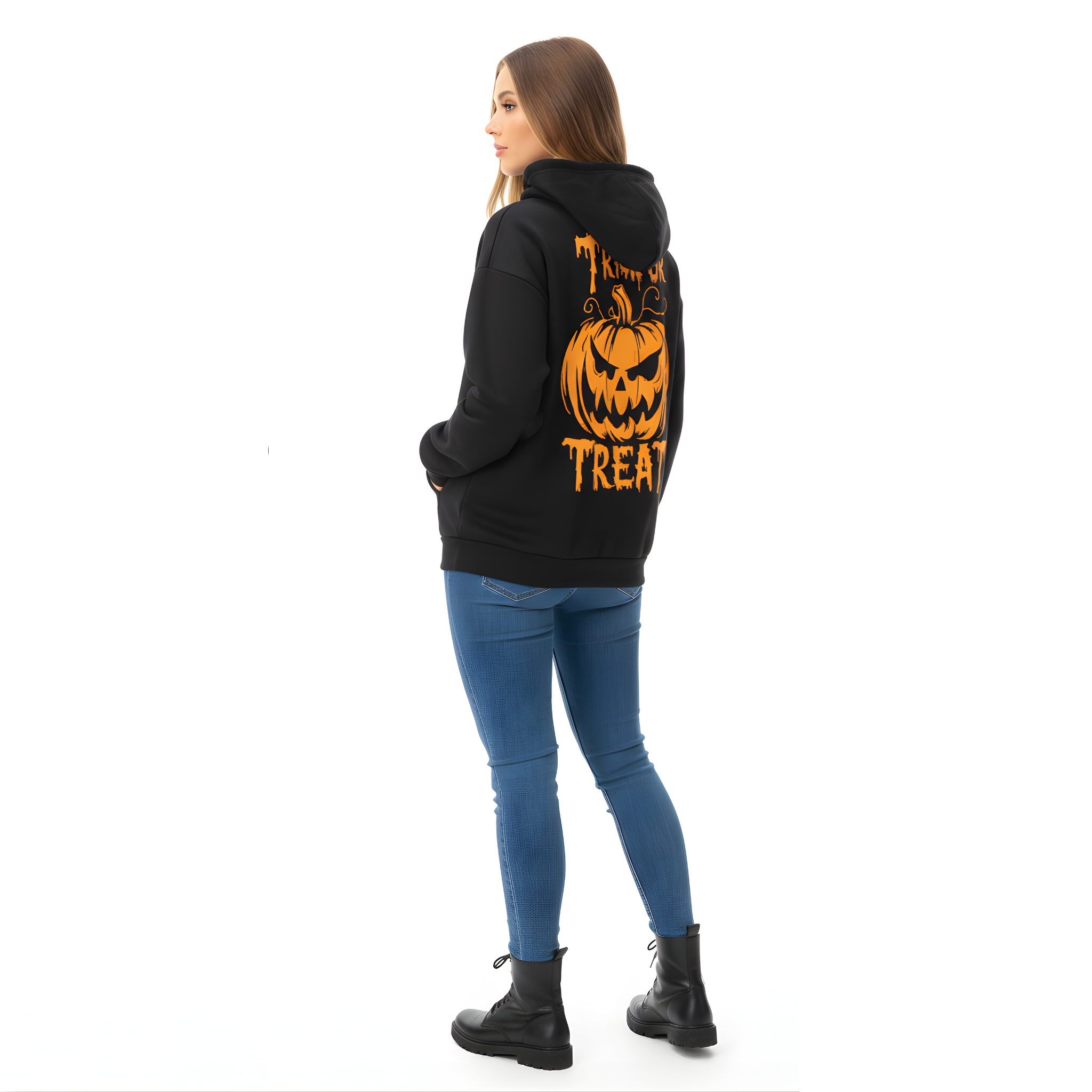 "Trick or Treat" Scary Jack-o'-Lantern Back Print Halloween Hoodie - Classic Black hoodie