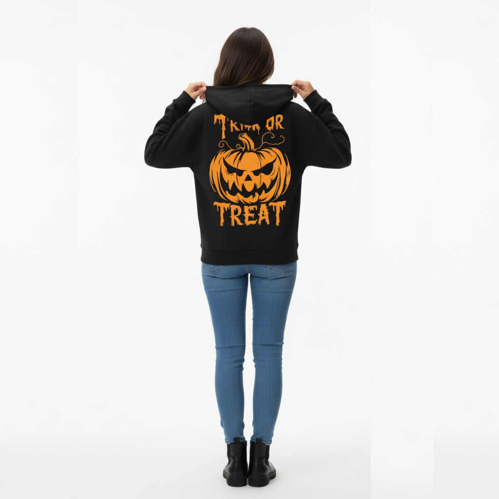 "Trick or Treat" Scary Jack-o'-Lantern Back Print Halloween Hoodie - Classic Black hoodie
