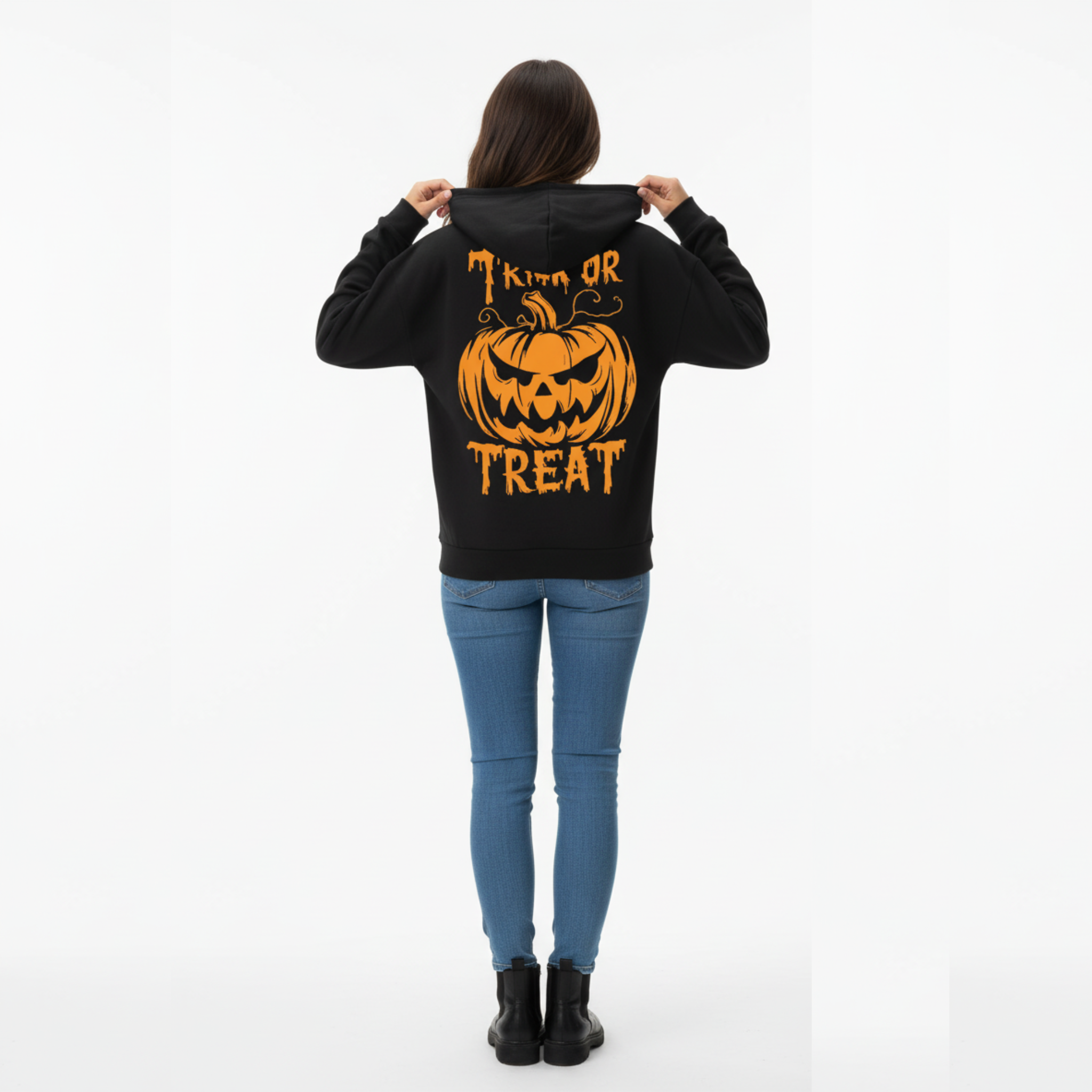 "Trick or Treat" Scary Jack-o'-Lantern Back Print Halloween Hoodie - Classic Black hoodie