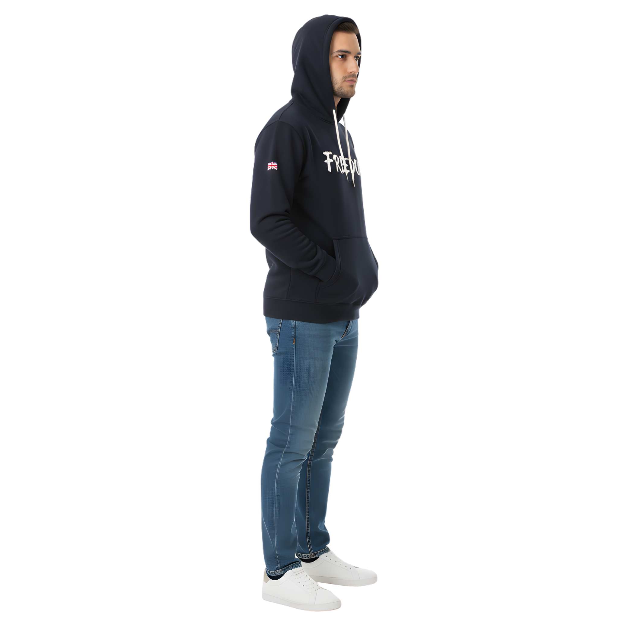 "FREEDOM" Graphic Hoodie - Men's Navy Blue Pullover with Flag Detail