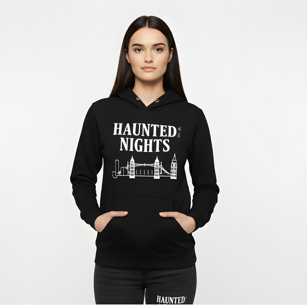 "Haunted Nights London" Halloween Hoodie - Tower Bridge & Big Ben Spooky Black hoodie