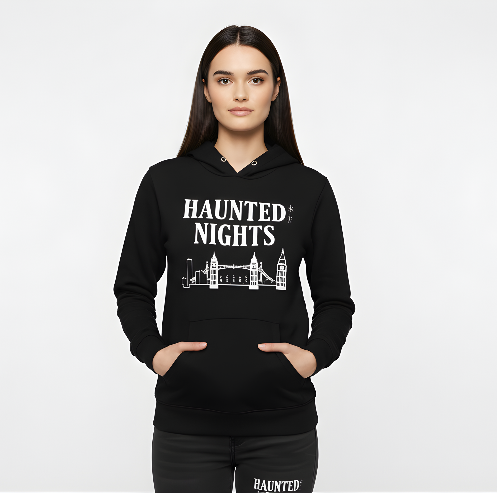 "Haunted Nights London" Halloween Hoodie - Tower Bridge & Big Ben Spooky Black hoodie