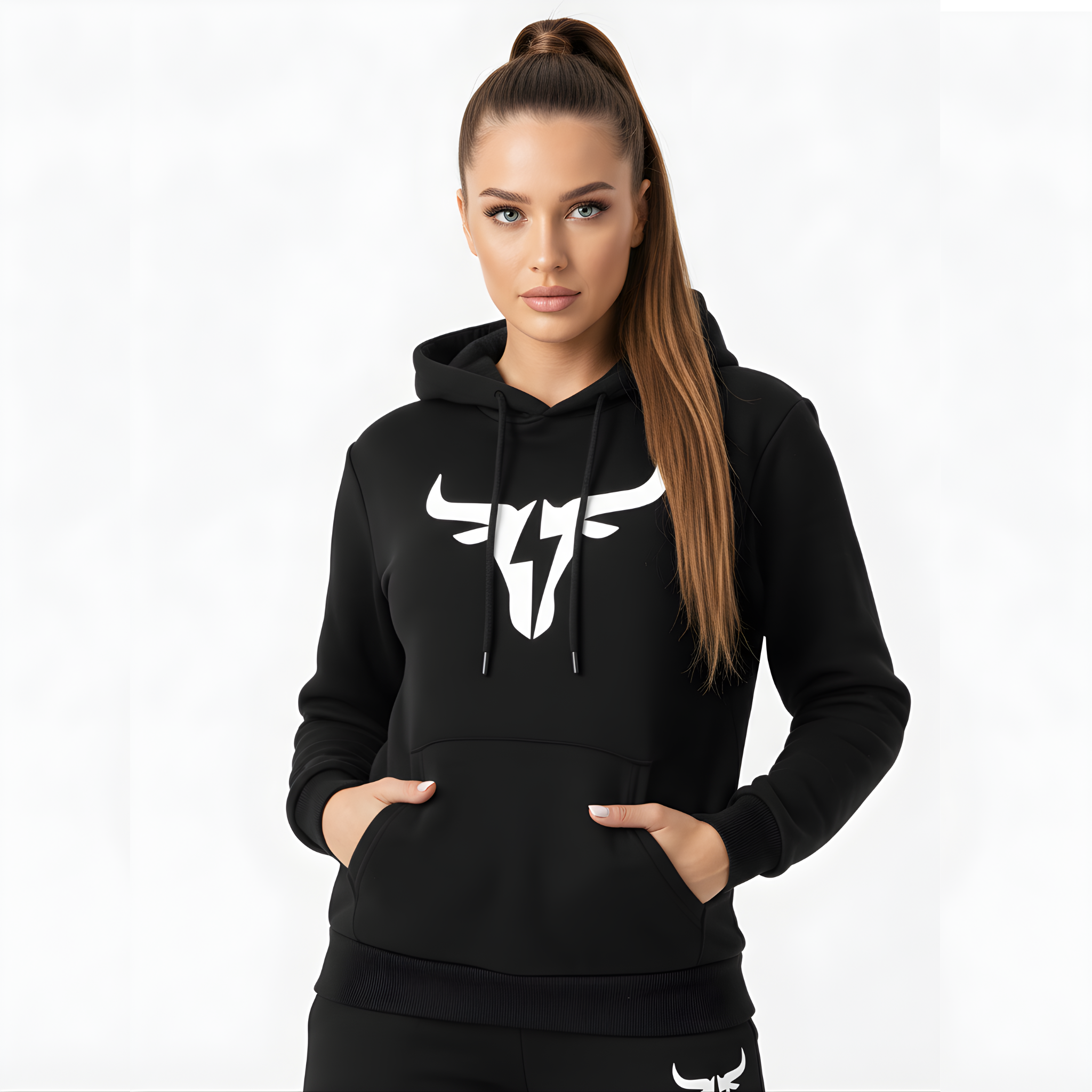 "Electric Bull" Black & White Athleisure Hoodie - High-Impact Fitness hoodie