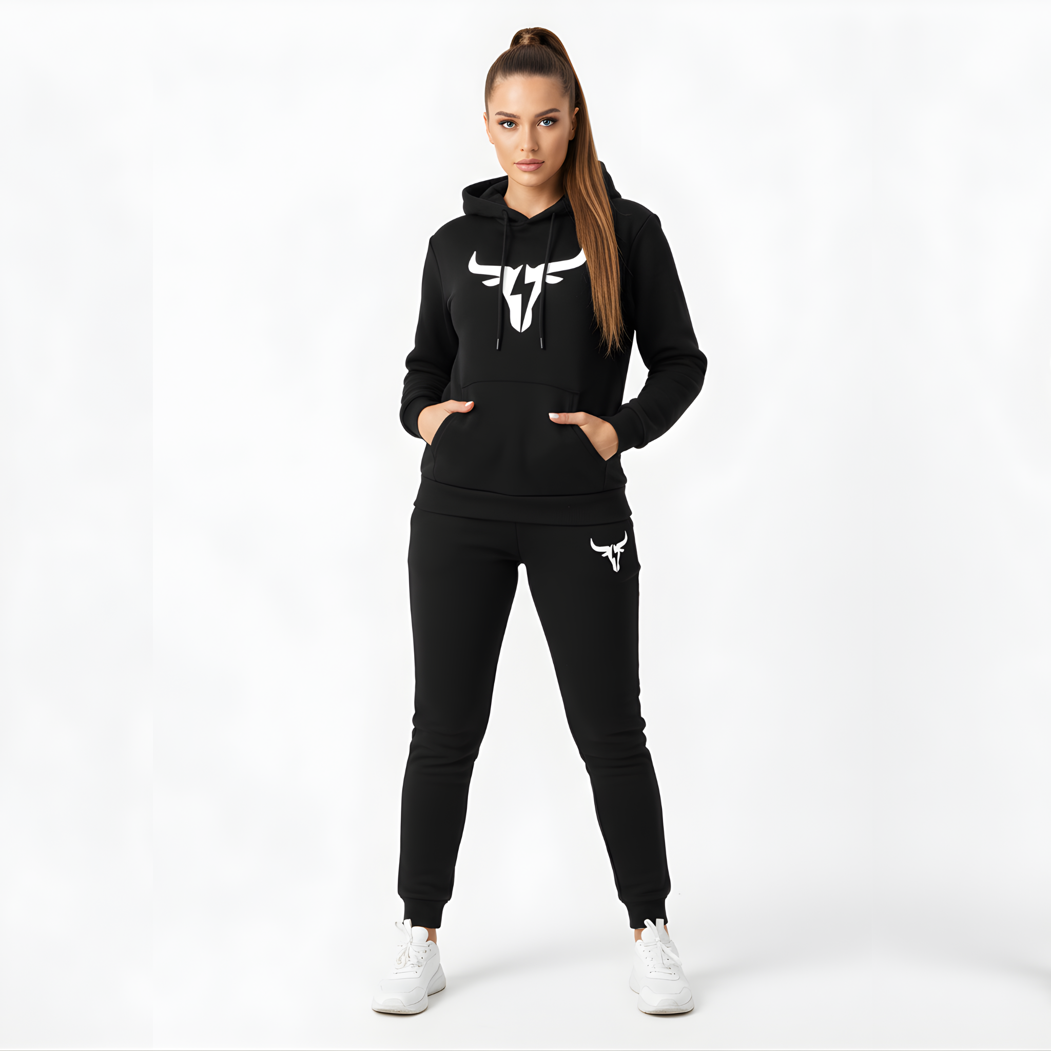 "Electric Bull" Black & White Athleisure Hoodie - High-Impact Fitness hoodie
