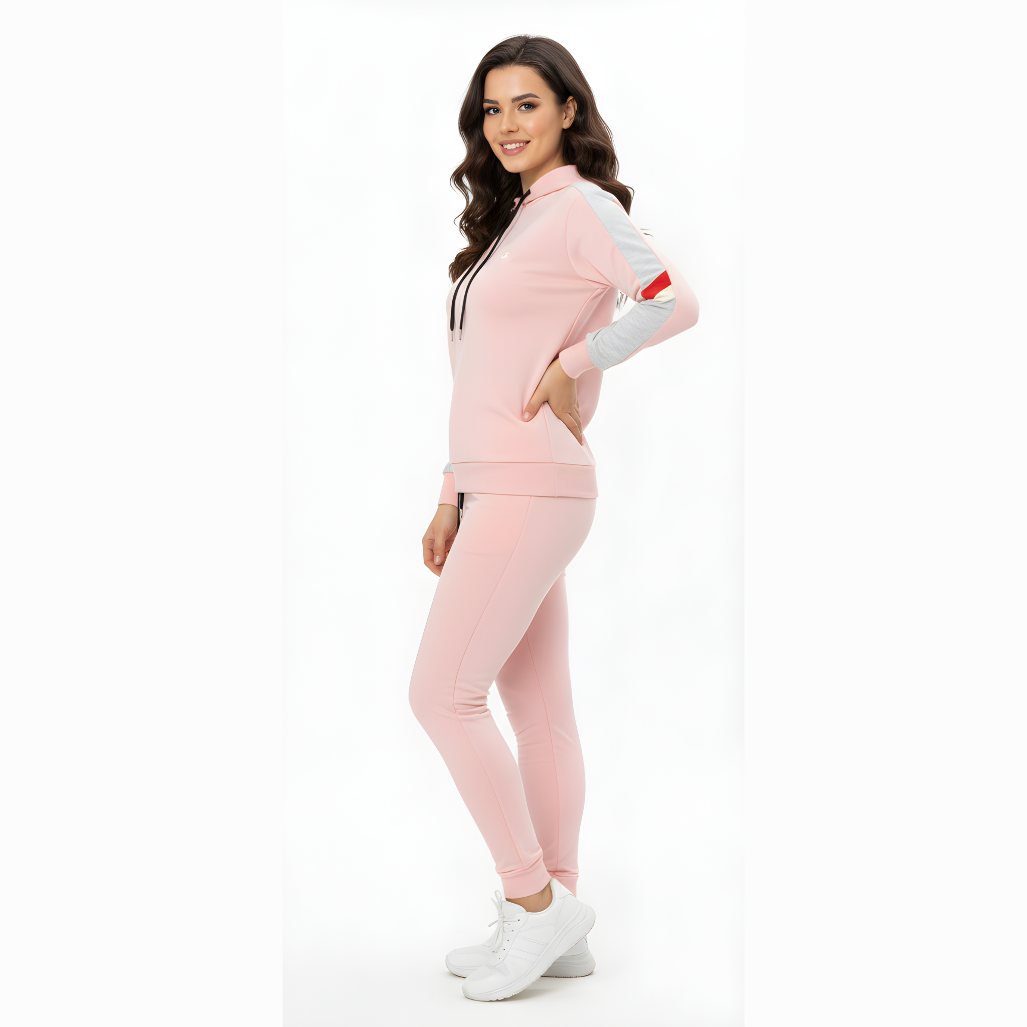Women's Pink & Grey Striped Detail Sweat Suit - Hoodie & Joggers Set