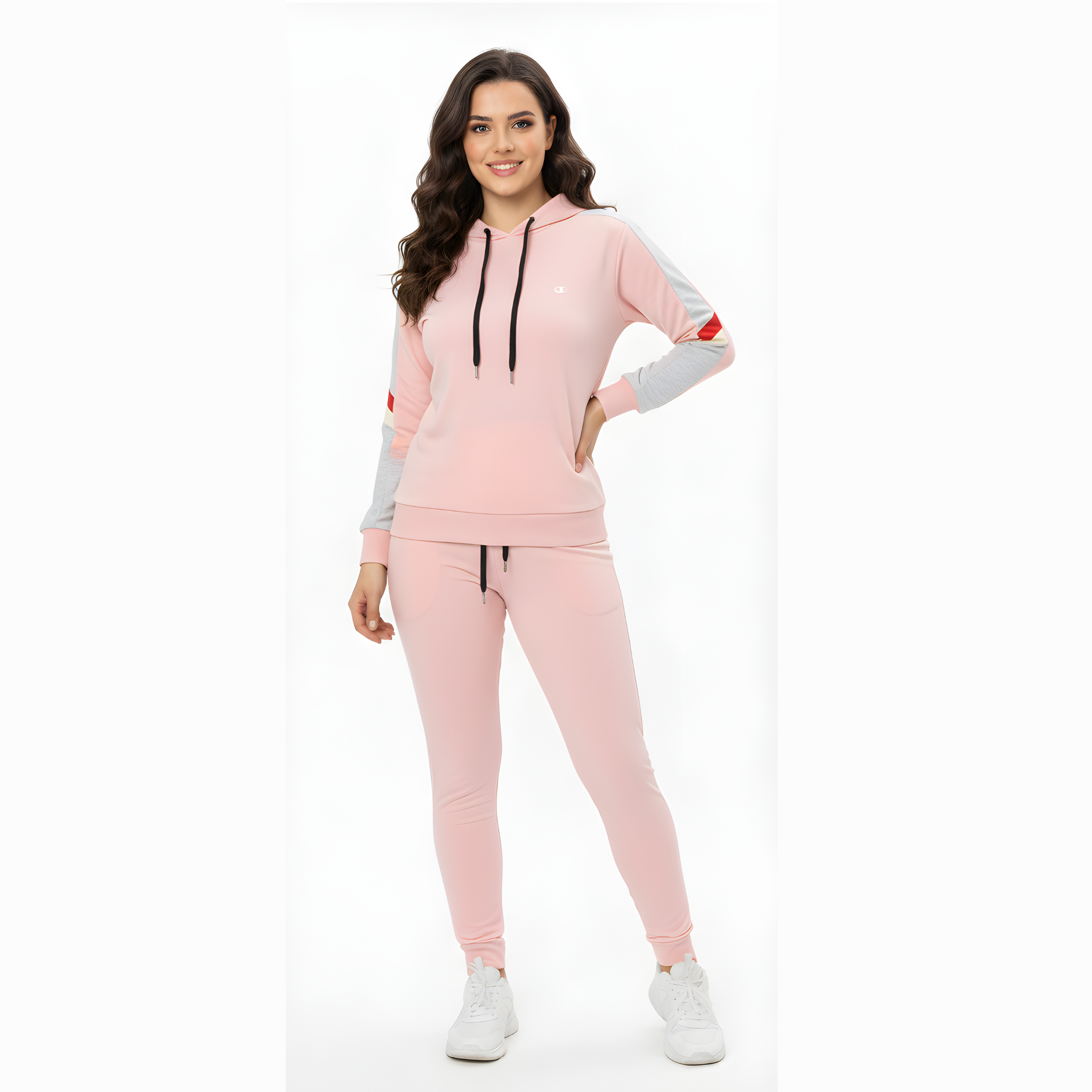 Women's Pink & Grey Striped Detail Sweat Suit - Hoodie & Joggers Set
