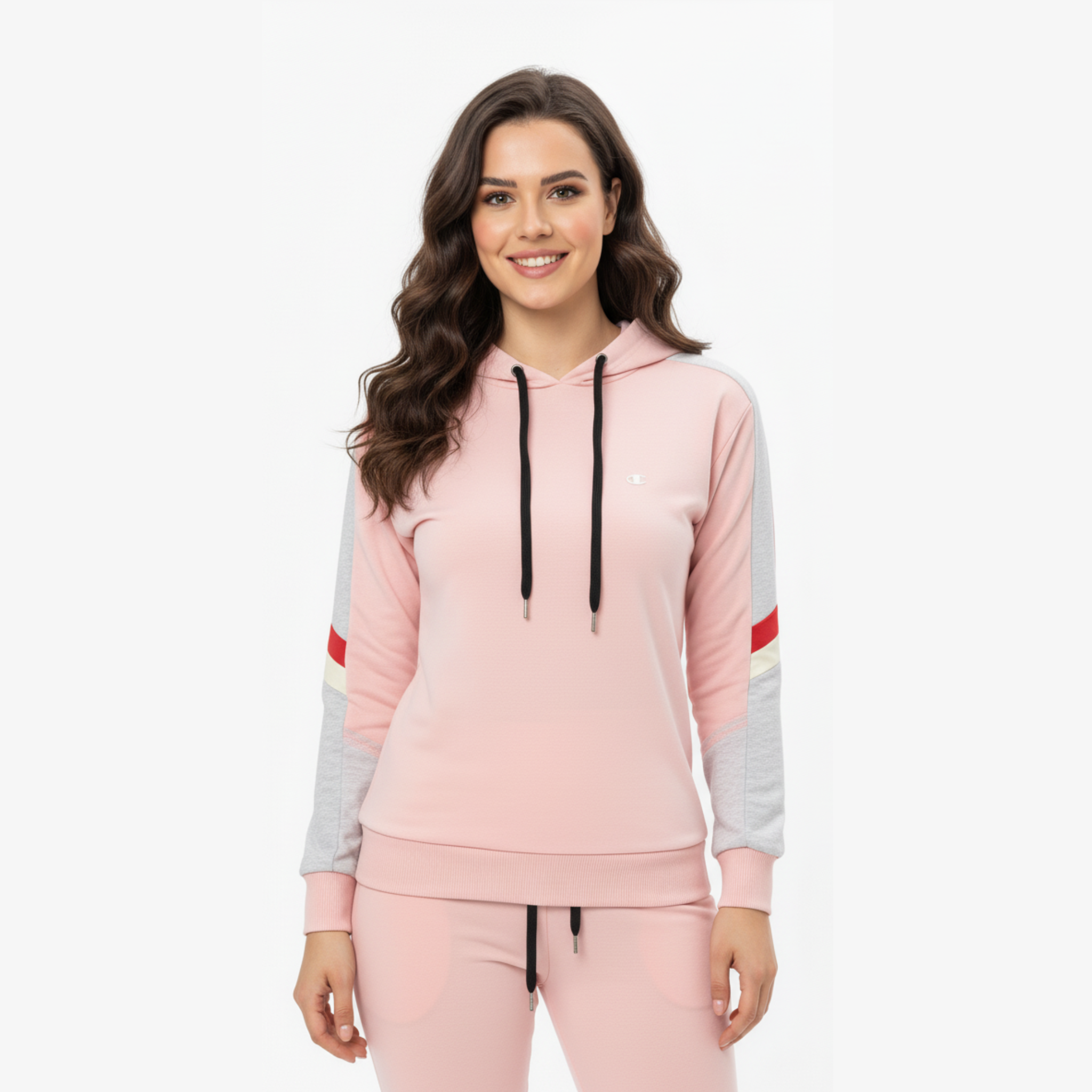 Women's Pink & Grey Striped Detail Sweat Suit - Hoodie & Joggers Set