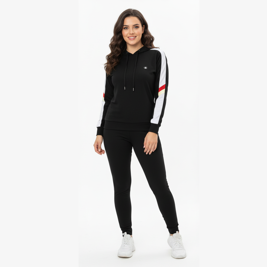 Champion-Inspired Women's Black Tracksuit with Contrast Stripe Hoodie and Leggings Set