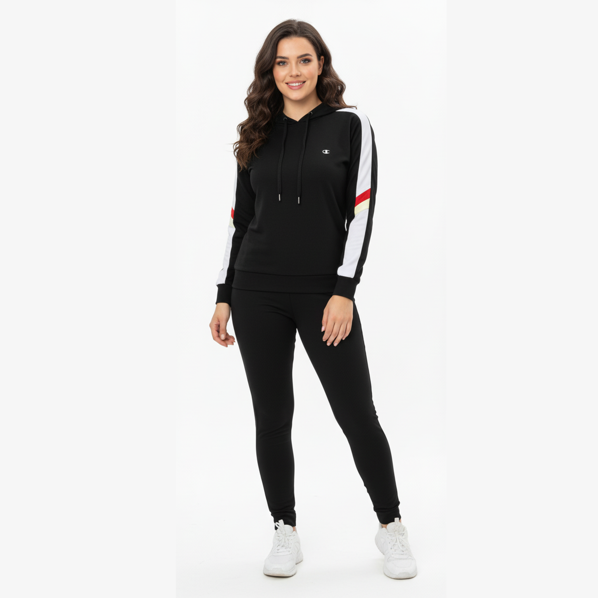 Champion-Inspired Women's Black Tracksuit with Contrast Stripe Hoodie and Leggings Set