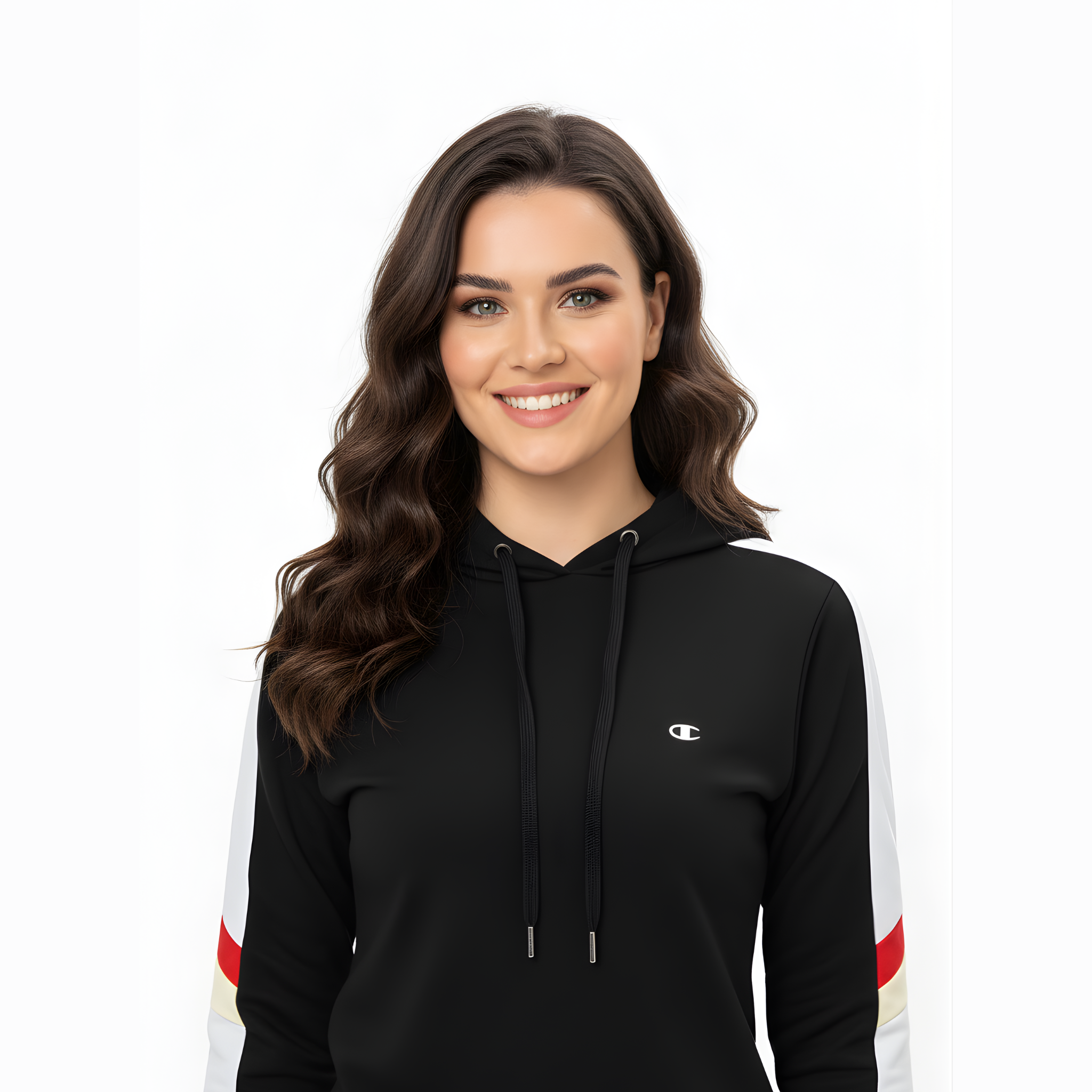 Champion-Inspired Women's Black Tracksuit with Contrast Stripe Hoodie and Leggings Set