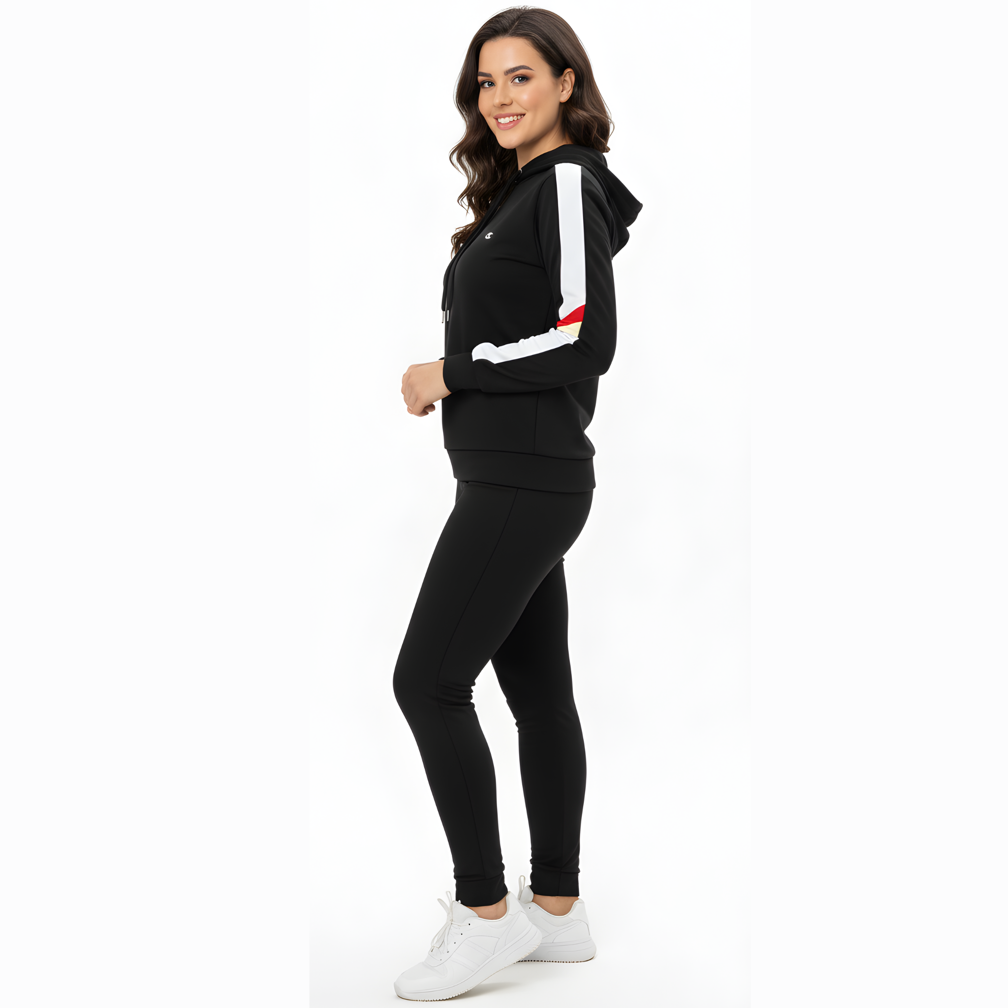 Champion-Inspired Women's Black Tracksuit with Contrast Stripe Hoodie and Leggings Set