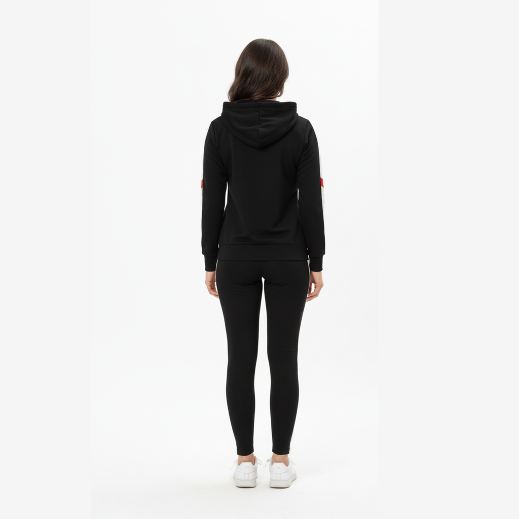 Champion-Inspired Women's Black Tracksuit with Contrast Stripe Hoodie and Leggings Set