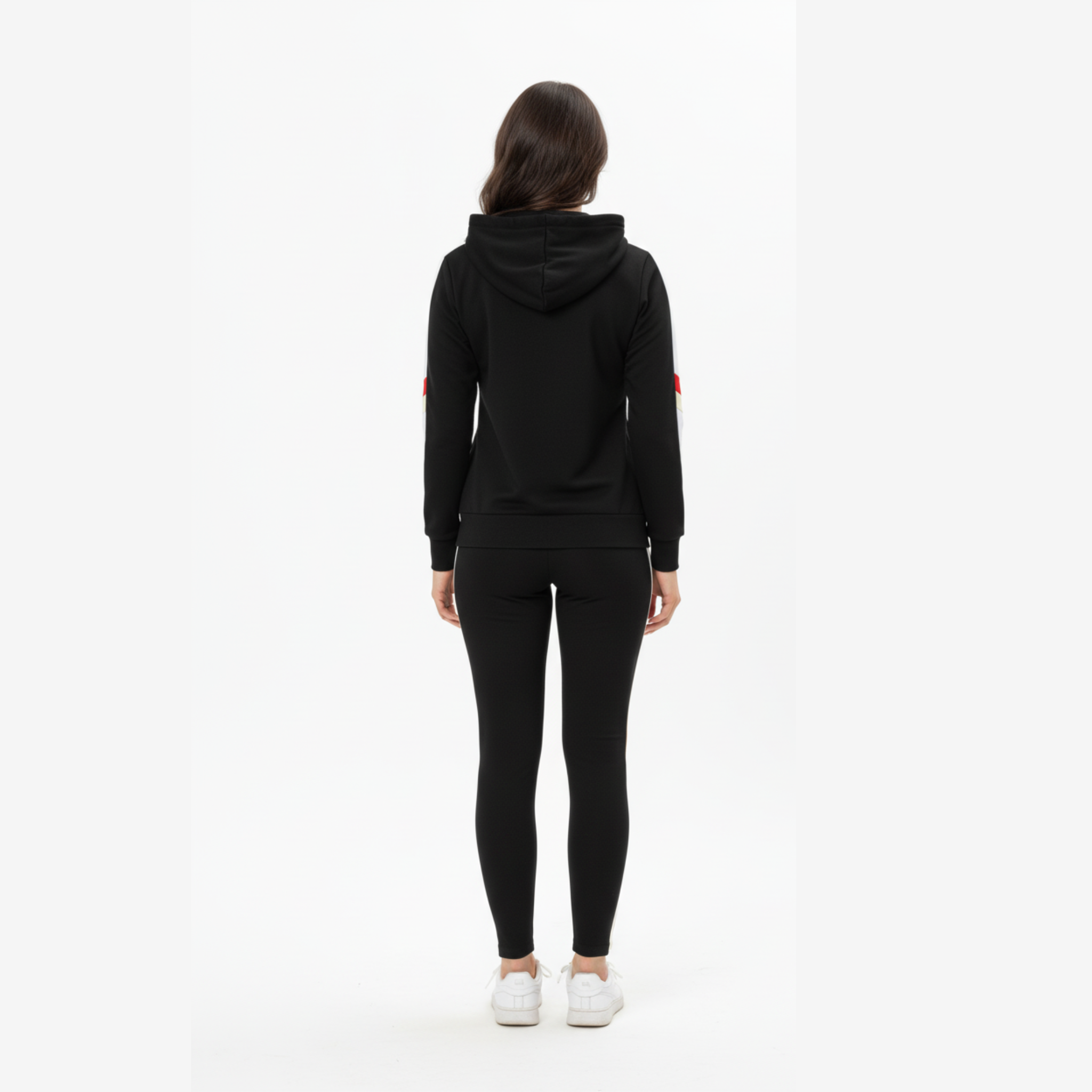 Champion-Inspired Women's Black Tracksuit with Contrast Stripe Hoodie and Leggings Set