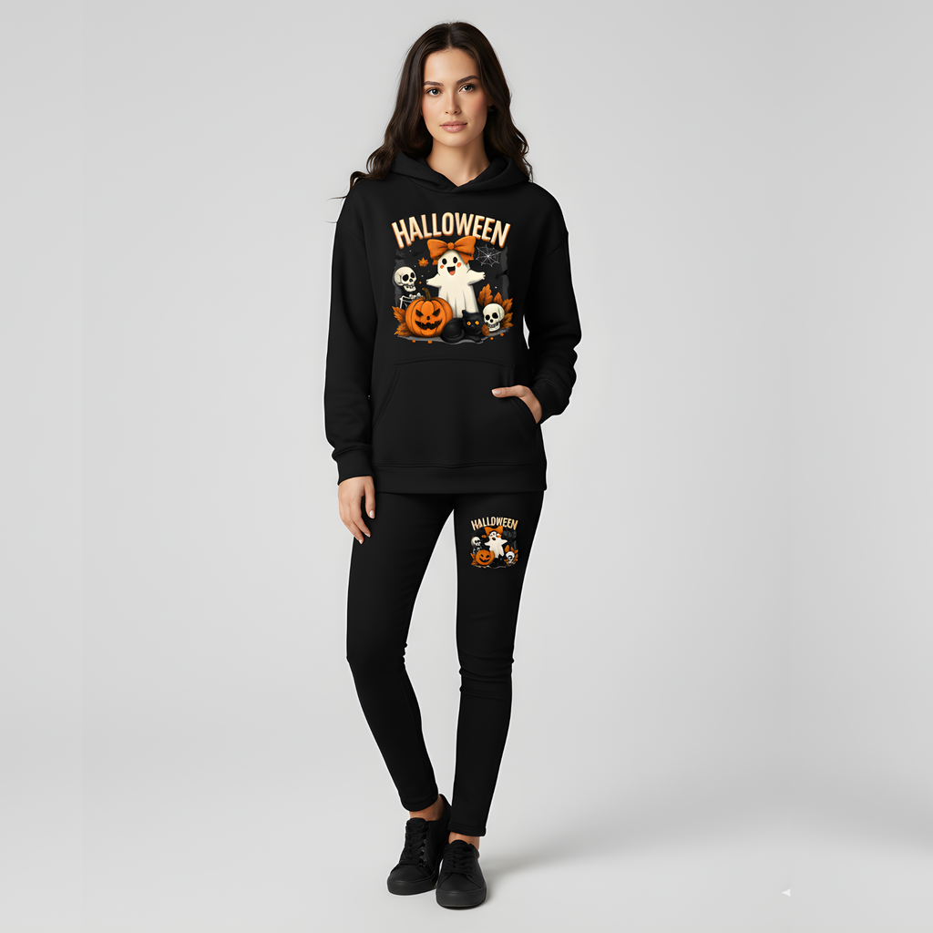 Spooky Crew Cute Ghost Black Cat & Pumpkin Halloween Hoodie - Classic Autumn hoodie
