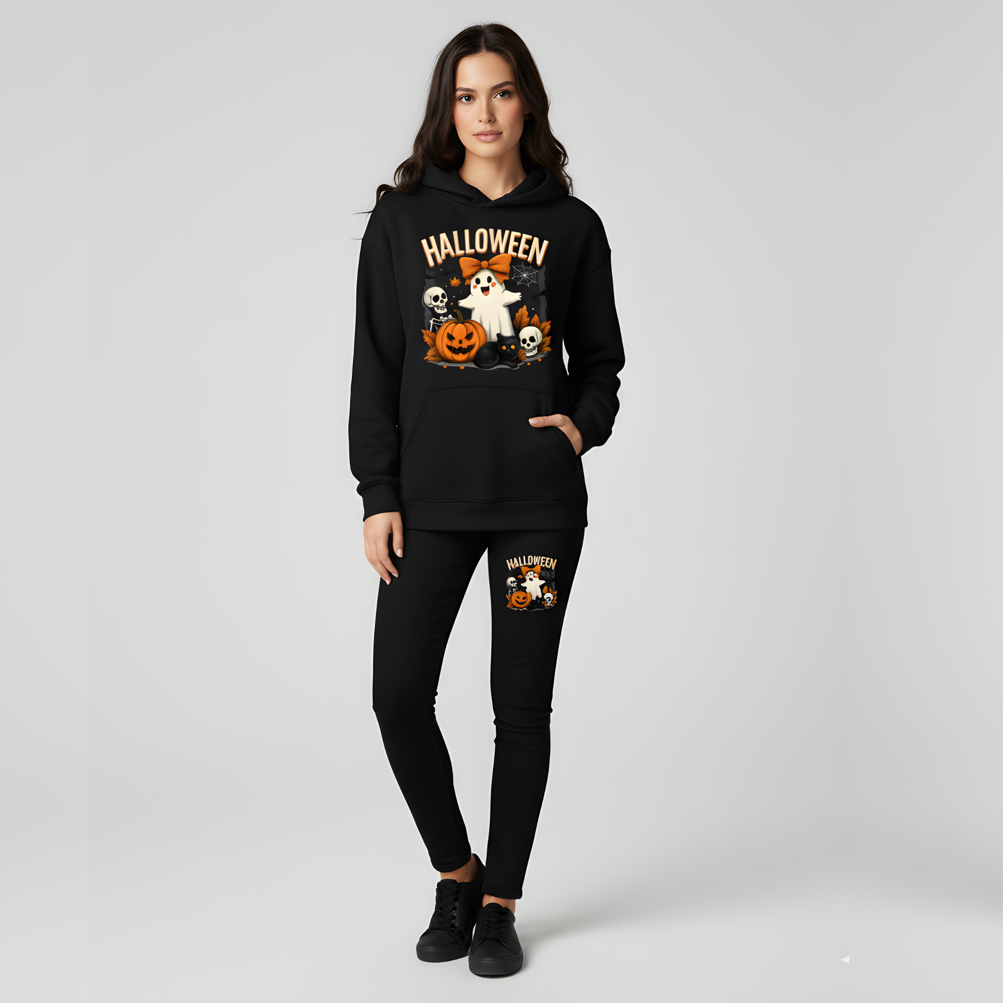Spooky Crew Cute Ghost Black Cat & Pumpkin Halloween Hoodie - Classic Autumn hoodie