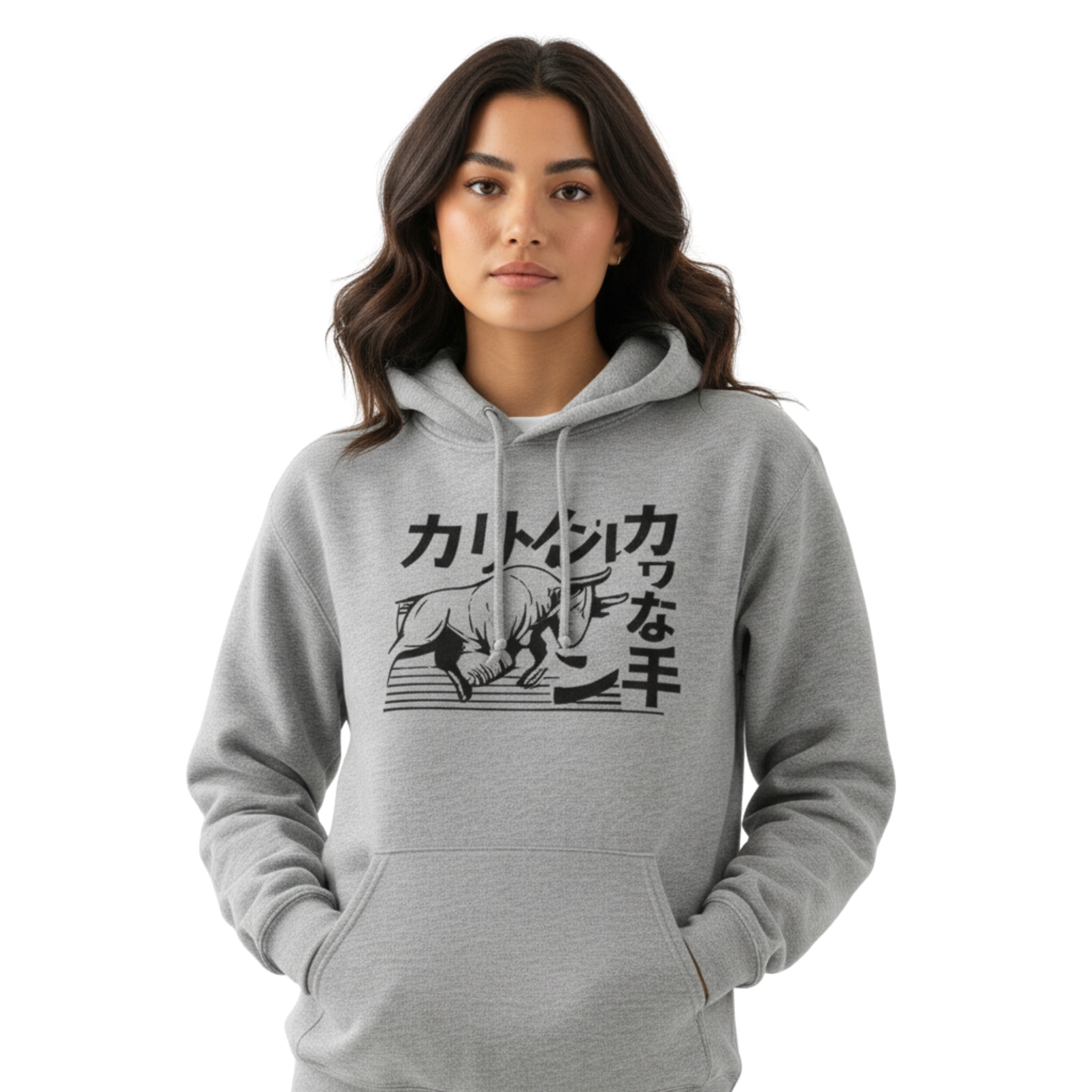 The "Raging Bull" Katakana Hoodie - Premium Grey Fleece
