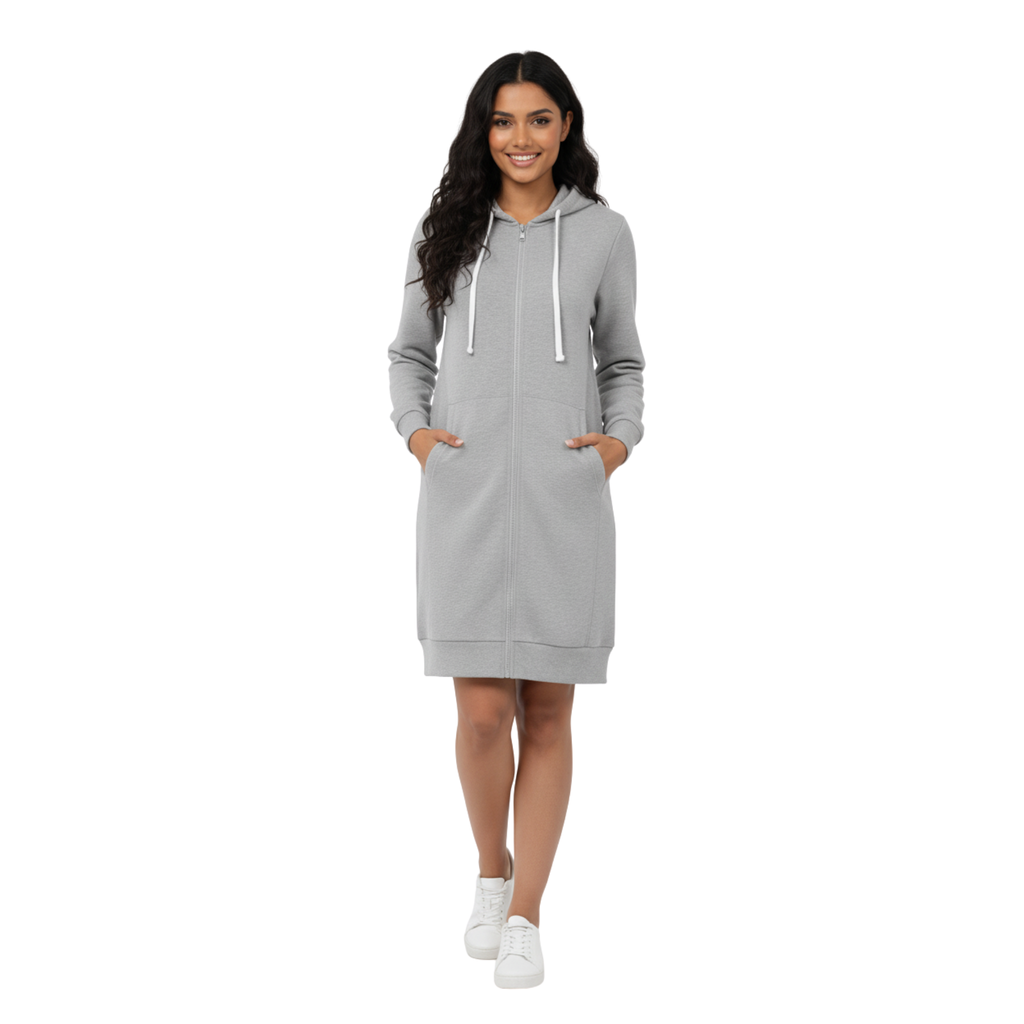 The Cozy Chic" Grey Knit Hoodie Dress - Loungewear Style with Pockets