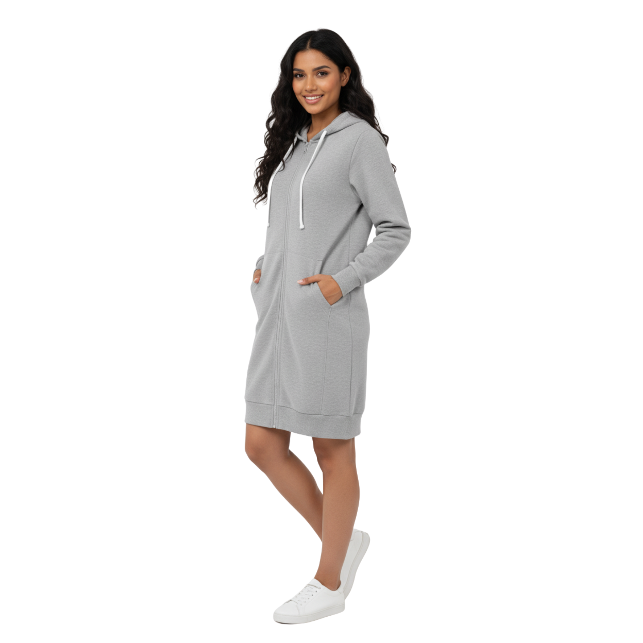 The Cozy Chic" Grey Knit Hoodie Dress - Loungewear Style with Pockets