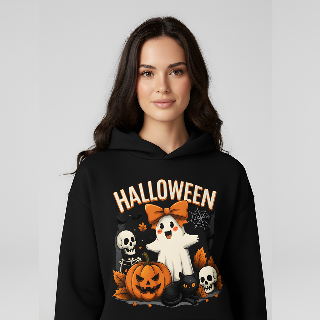 Spooky Crew Cute Ghost Black Cat & Pumpkin Halloween Hoodie - Classic Autumn hoodie