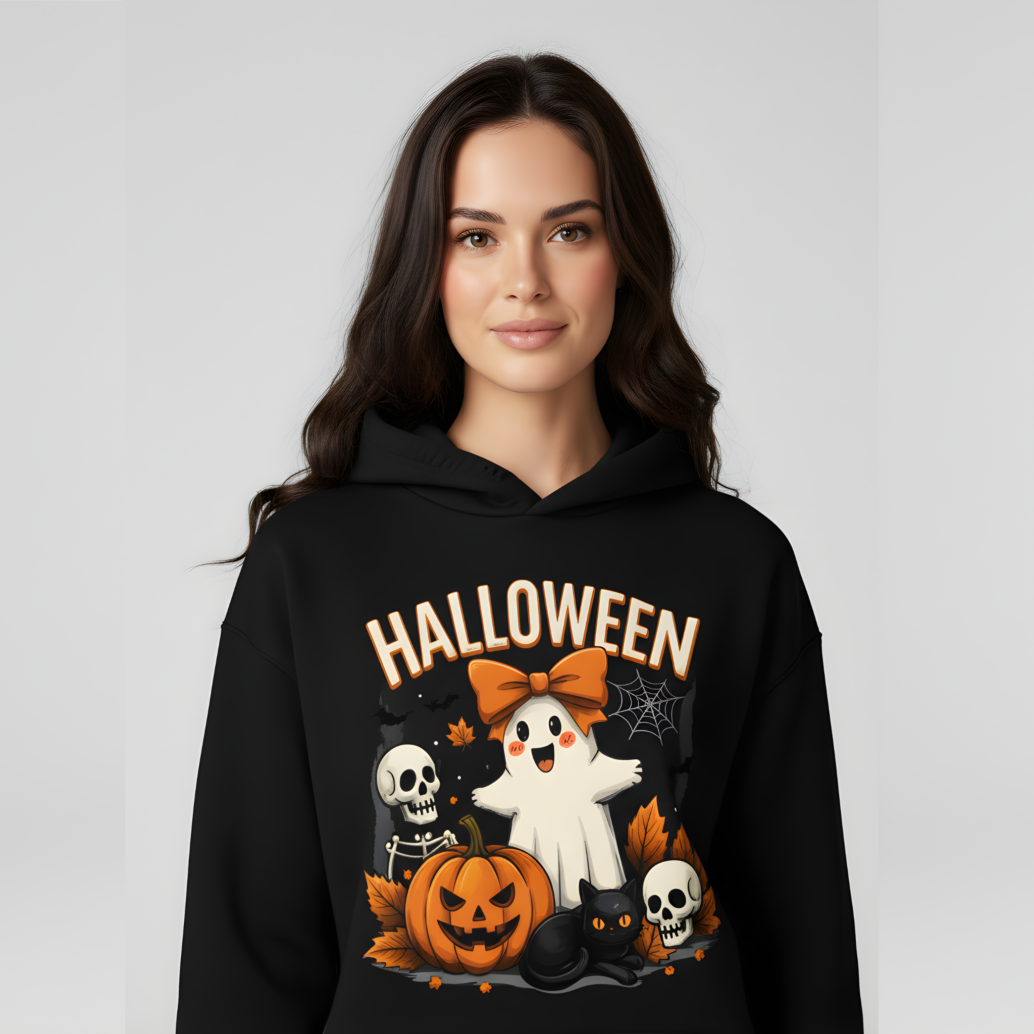 Spooky Crew Cute Ghost Black Cat & Pumpkin Halloween Hoodie - Classic Autumn hoodie