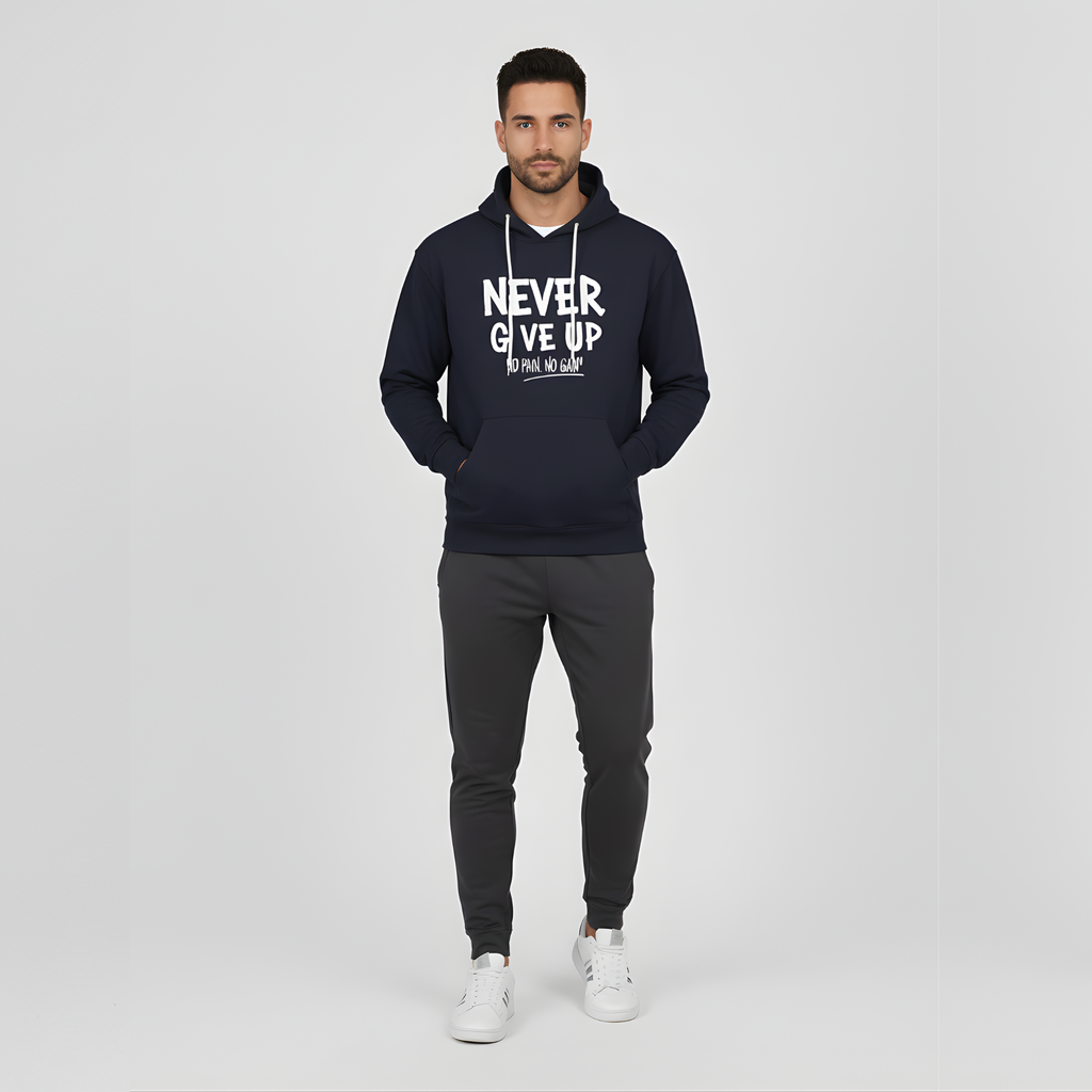 "Never Give Up" Navy Hoodie | No Pain. No Gain. Motivation