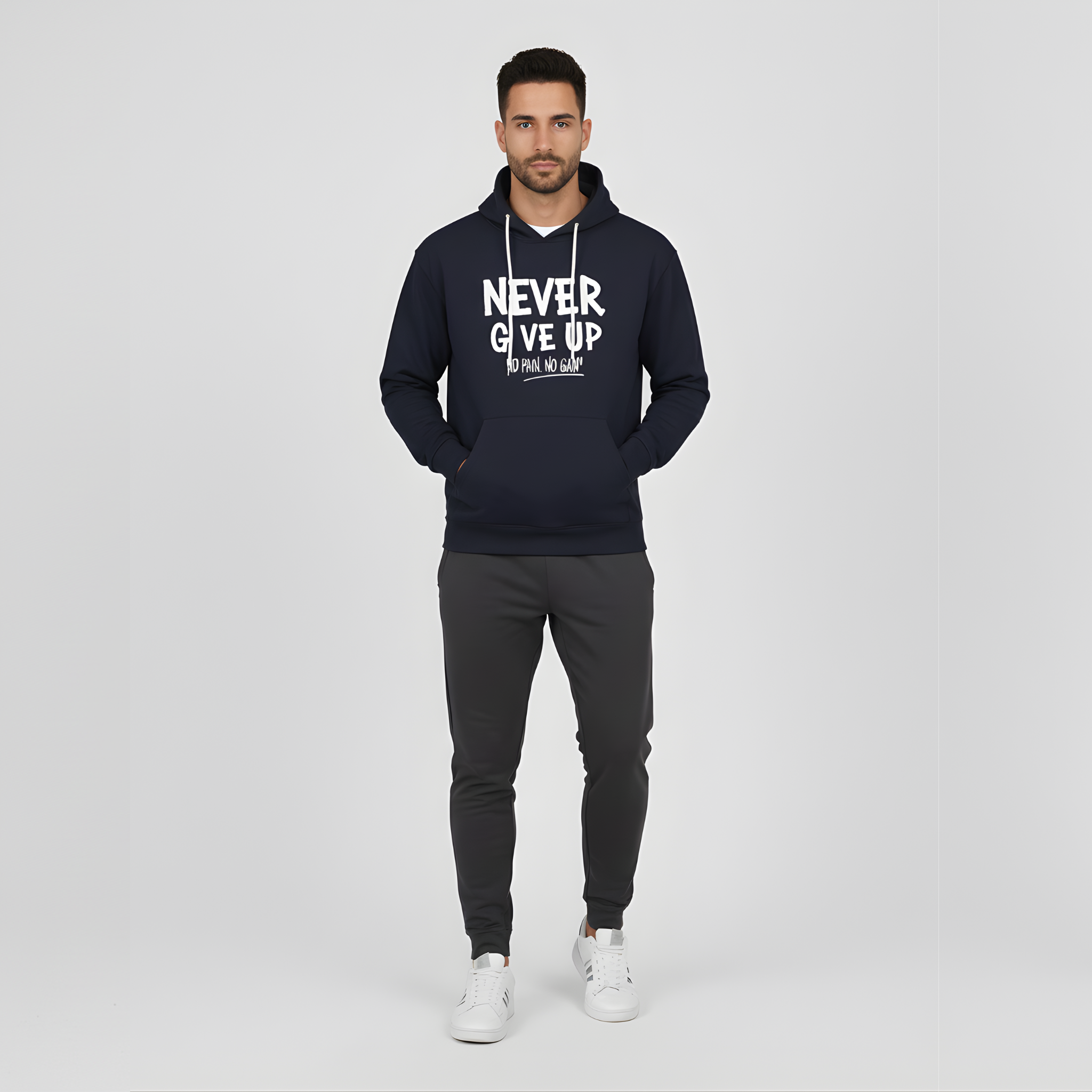 "Never Give Up" Navy Hoodie | No Pain. No Gain. Motivation