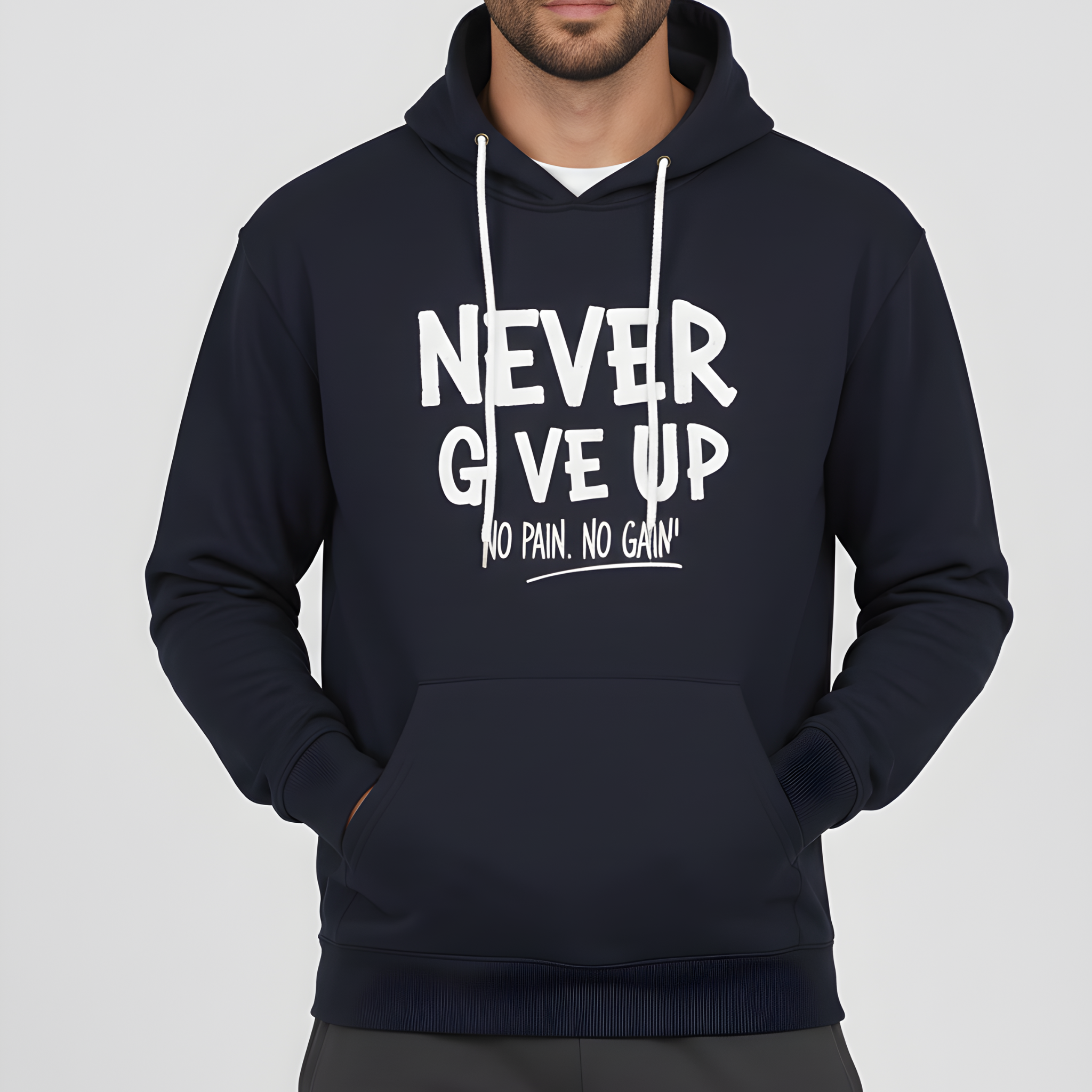 "Never Give Up" Navy Hoodie | No Pain. No Gain. Motivation