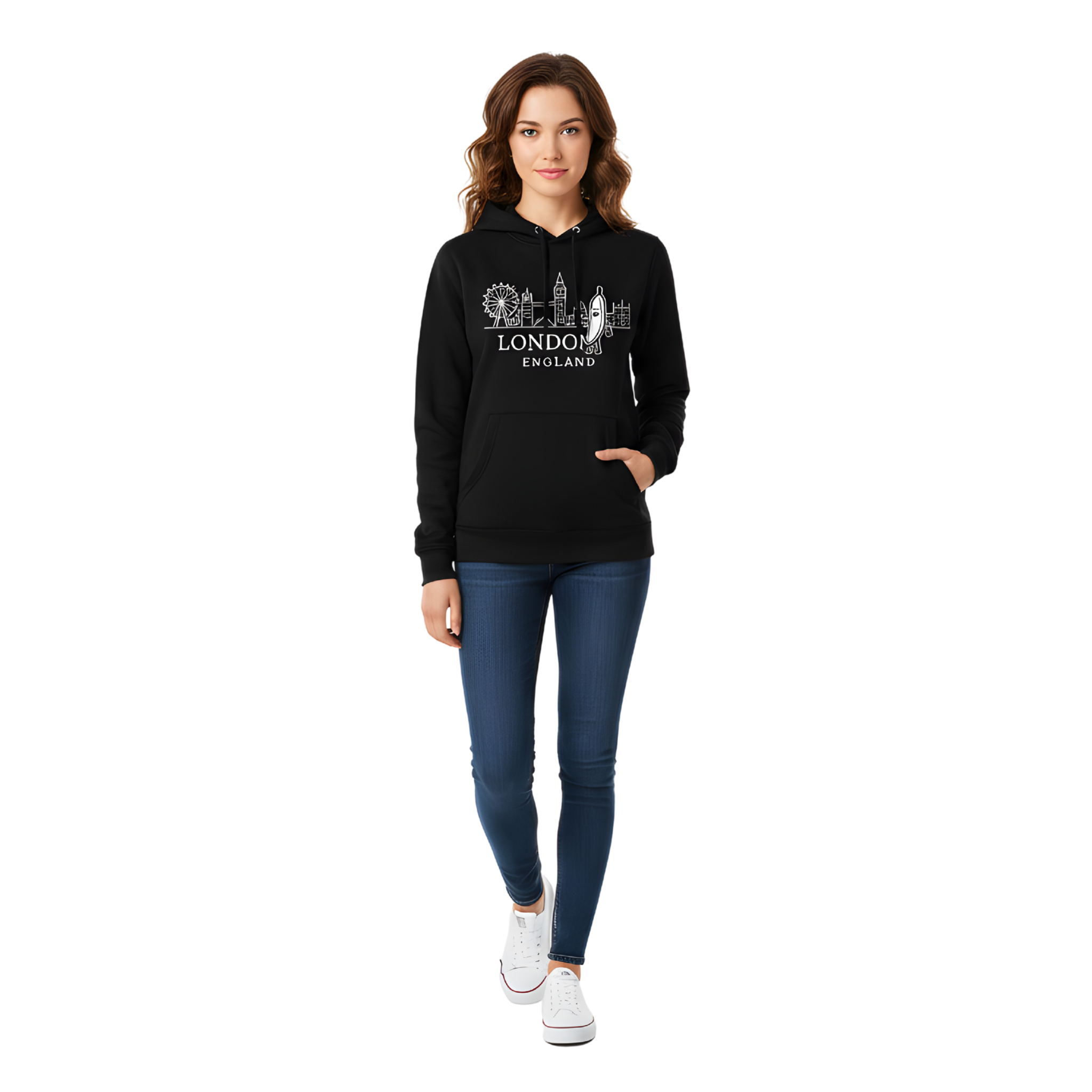 London England Skyline Hoodie - Black Pullover Sweatshirt