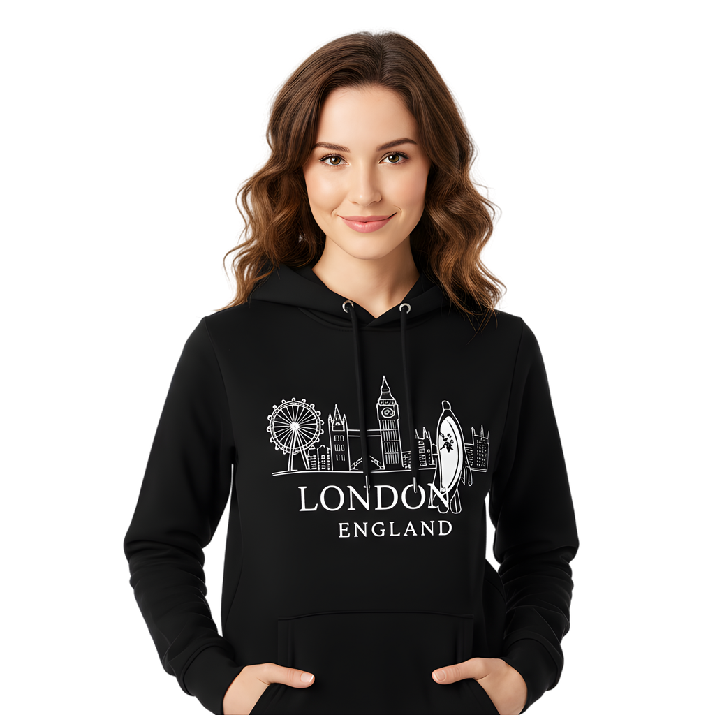 London England Skyline Hoodie - Black Pullover Sweatshirt