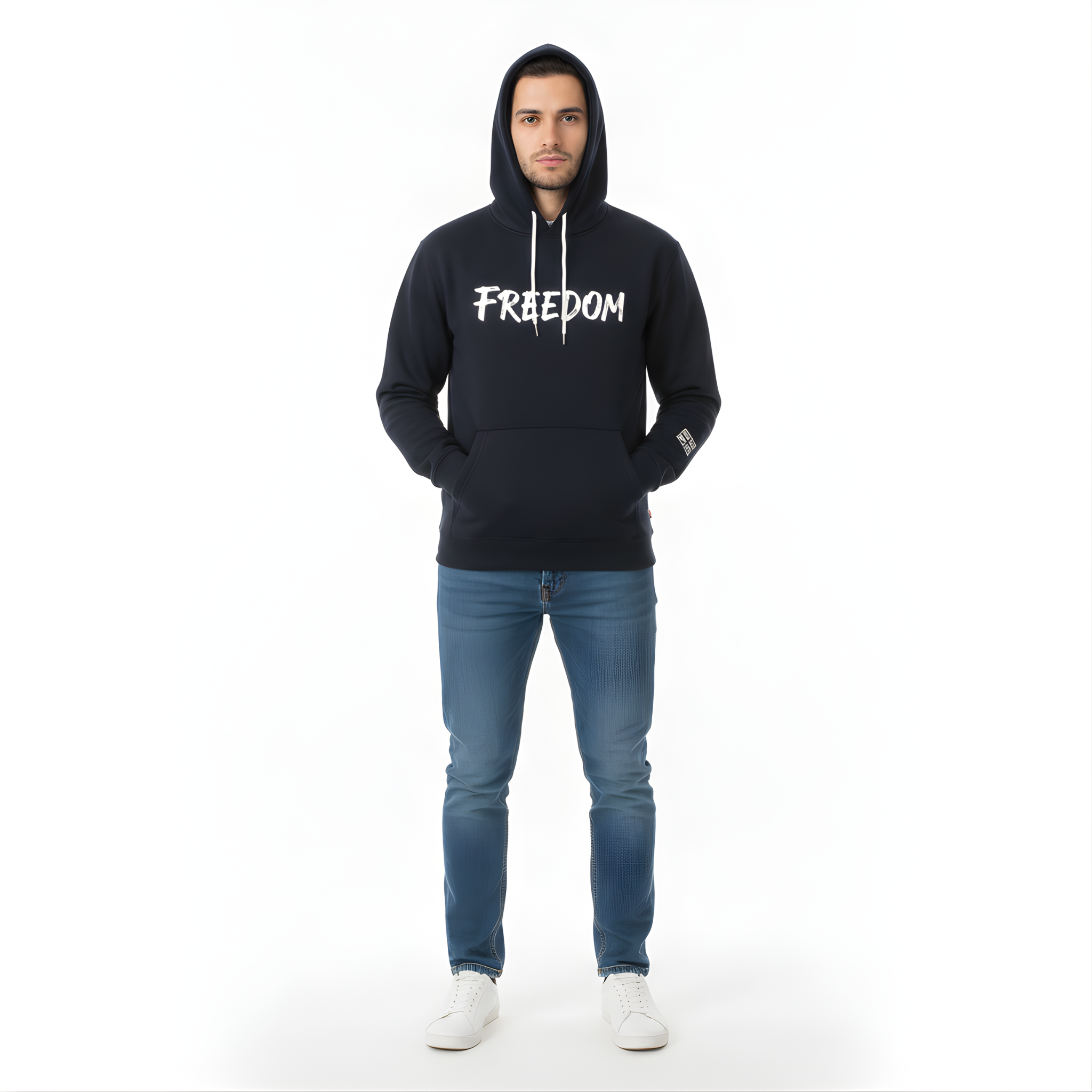 "FREEDOM" Graphic Hoodie - Men's Navy Blue Pullover with Flag Detail