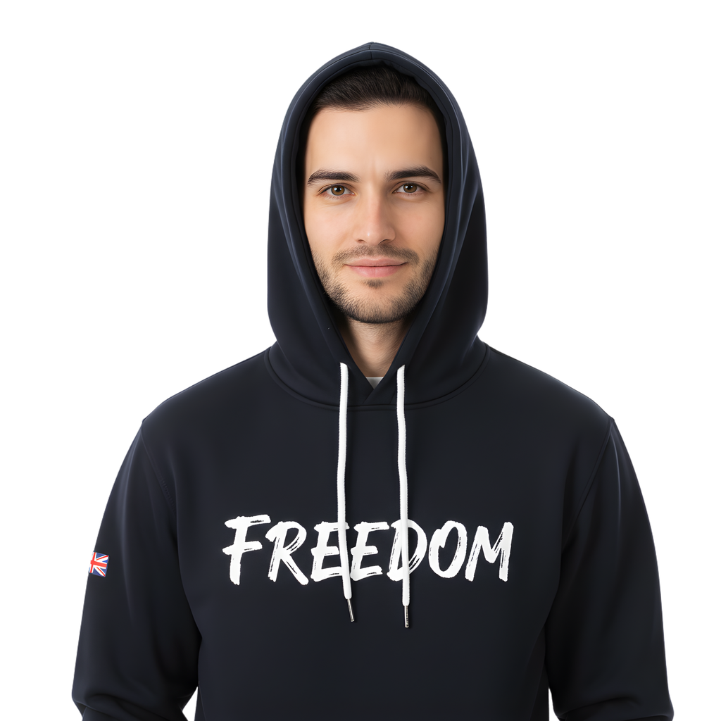"FREEDOM" Graphic Hoodie - Men's Navy Blue Pullover with Flag Detail